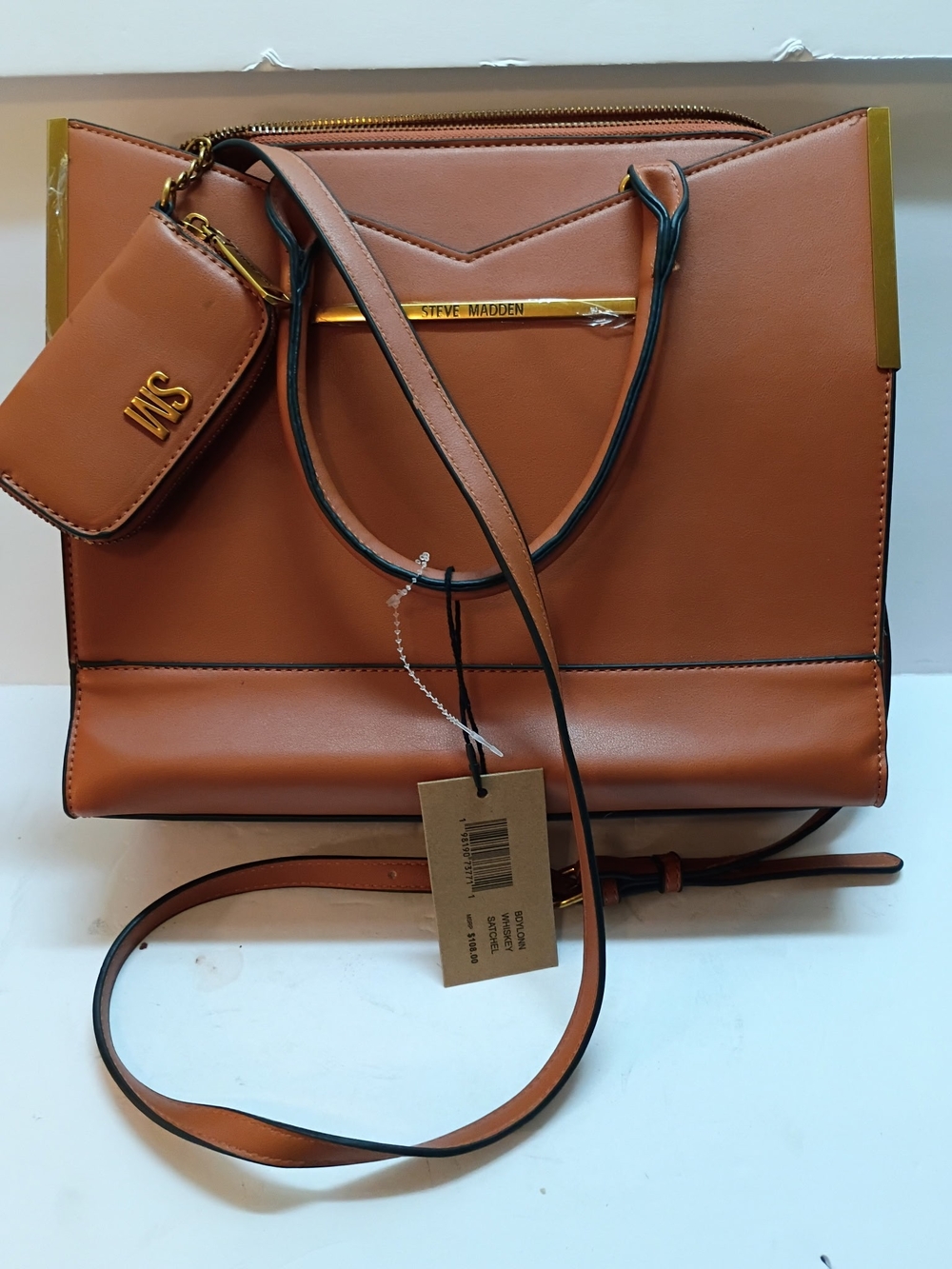 NWT Steve Madden Cognac Whiskey Satchel DoubleHandle Crossbodystrap Faux Leather